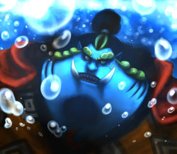Rule 34 | 1boy, black hair, blue skin, bubble, cape, colored skin, highres, jinbe (one piece), looking at viewer, male focus, monster boy, one piece, ponytail, solo, tusks, underwater, water, yellow eyes
