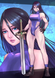 Rule 34 | 1girl, black hair, blue eyes, blue one-piece swimsuit, clothing cutout, highres, one-piece swimsuit, original, shimaguni yamato, side cutout, swimsuit, sword, weapon