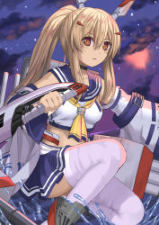 Rule 34 | 1girl, ayanami (azur lane), azur lane, bare shoulders, blouse, blue sailor collar, blue skirt, blush, breasts, brown eyes, brown hair, closed mouth, cloud, cloudy sky, commentary request, detached sleeves, hair between eyes, headgear, holding, holding sword, holding weapon, long hair, long sleeves, looking at viewer, night, night sky, pleated skirt, ponytail, sailor collar, shirt, skirt, sky, sleeveless, sleeveless shirt, small breasts, solo, splashing, star (sky), starry sky, sword, thighhighs, tukino neru, very long hair, water, weapon, white shirt, white sleeves, white thighhighs, wide sleeves