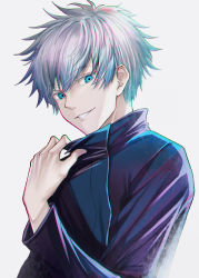 Rule 34 | 1boy, absurdres, black jacket, blue eyes, chromatic aberration, clothes grab, collar grab, colored eyelashes, commentary request, eyelashes, gojou satoru, grey background, grin, hand up, high collar, highres, jacket, jujutsu kaisen, long sleeves, looking at viewer, male focus, open mouth, rama (yu-light8), short hair, silver hair, smile, solo, teeth, upper body