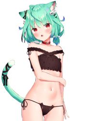 Rule 34 | 1girl, :o, animal ears, animal print, arm across waist, bare shoulders, black bra, black panties, bra, breasts, cat ears, cat girl, cat panties, cat print, cat tail, collar, collarbone, colored tips, commentary request, cowboy shot, fang, gluteal fold, grabbing own arm, green hair, hair ornament, highres, hololive, k mugura, looking at viewer, multicolored hair, navel, panties, print panties, red eyes, short hair, simple background, skin fang, skull hair ornament, small breasts, solo, stomach, tail, underwear, uruha rushia, uruha rushia (3rd costume), virtual youtuber, white background