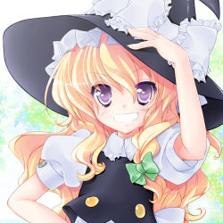Rule 34 | 1girl, bad id, bad pixiv id, blonde hair, bow, braid, colorized, female focus, gotou nao, grin, hat, kirisame marisa, long hair, philomelalilium, purple eyes, smile, solo, touhou, upper body, witch, witch hat