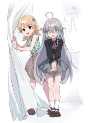 2girls absurdres ahoge blonde_hair brown_eyes changing_room commentary_request embarrassed full_body grey_eyes grey_hair highres hoshi_syoko idolmaster idolmaster_cinderella_girls long_hair morikubo_nono multiple_girls open_mouth ringlets shirt sketch skirt smile takesoboro very_long_hair