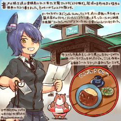 Rule 34 | 10s, 1girl, admiral (kancolle), animal, blue hair, coffee, commentary request, cup, curry, curry rice, dated, day, eyepatch, food, grin, hamster, headgear, holding, holding paper, innertube, kantai collection, kirisawa juuzou, necktie, non-human admiral (kancolle), paper, rice, smile, swim ring, teacup, tenryuu (kancolle), traditional media, translation request, twitter username, yellow eyes