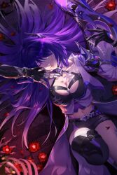 Rule 34 | 1girl, acheron (honkai: star rail), armor, bandaged leg, bandages, belt, black belt, black choker, black gloves, black shirt, black shorts, blood, bloody tears, breasts, chain, chain around arm, choker, cleavage, closed eyes, closed mouth, coat, coattails, collarbone, criss-cross halter, crop top, flower, foot out of frame, from above, gloves, hair intakes, hair ornament, hair spread out, halterneck, highres, honkai: star rail, honkai (series), knee up, large breasts, leg tattoo, lying, midriff, navel, on back, purple hair, qiushiyue1, red flower, red petals, shirt, shorts, shoulder armor, single bare shoulder, solo, tattoo, thighs, white coat