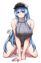 Rule 34 | &gt;:), 1girl, airisubaka, akame ga kill!, alternate costume, aran sweater, backless dress, backless outfit, bare arms, bare back, bare shoulders, blue eyes, blue hair, blush, breasts, cable knit, dress, esdeath, full body, grey sweater, halterneck, hat, kneeling, large breasts, long hair, looking at viewer, meme attire, naked sweater, peaked cap, ribbed sweater, sideboob, signature, simple background, sleeveless, sleeveless turtleneck, smile, solo, sweater, sweater dress, turtleneck, turtleneck sweater, v-shaped eyebrows, v arms, very long hair, virgin killer sweater, white background