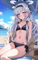 Rule 34 | 1girl, absurdres, bare shoulders, beach, beach umbrella, bikini, black bikini, black hairband, blue archive, blue sky, blush, breasts, brown jacket, cloud, commentary request, flower, grey hair, hair flower, hair ornament, hairband, halo, halterneck, highres, himari (blue archive), jacket, long hair, looking at viewer, mole, mole under eye, navel, o-ring, o-ring top, off shoulder, outdoors, pointy ears, purple eyes, sak (lemondisk), side-tie bikini bottom, sitting, sky, small breasts, smile, solo, stomach, swimsuit, umbrella, white flower