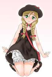 Rule 34 | 00s, android, august (coyote ragtime show), bag, blonde hair, bloomers, blush, braid, choker, coyote ragtime show, dress, frills, green eyes, handbag, hat, kneeling, long hair, scharfschutze, smile, solo, twin braids, underwear, white bloomers