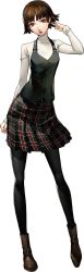 Rule 34 | 10s, 1girl, atlus, black pantyhose, boots, braid, brown hair, contrapposto, crown braid, full body, highres, looking at viewer, niijima makoto, official art, pantyhose, persona, persona 5, pleated skirt, red eyes, school uniform, short hair, skirt, soejima shigenori, solo, standing, transparent background, white background