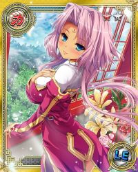Rule 34 | 1girl, artist request, ass, blue eyes, blush, breasts, card (medium), chinese clothes, dress, facial mark, flower, forehead mark, from behind, hand on own chest, koihime musou, looking back, nature, no panties, open window, pink hair, scenery, short hair, short hair with long locks, sideboob, smile, solo, sonken, wind, window