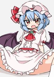 Rule 34 | 1girl, ascot, bat wings, blue hair, blush, bow, brooch, center frills, dress, fang, feet out of frame, flat chest, frills, hat, hat ribbon, highres, jewelry, kneehighs, mob cap, pink dress, pink hat, puffy short sleeves, puffy sleeves, red ascot, red bow, red eyes, red ribbon, remilia scarlet, ribbon, short hair, short sleeves, simple background, sitting, socks, solo, spread legs, suwa yasai, sweat, touhou, v-shaped eyebrows, white background, white socks, wings