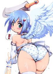 Rule 34 | !, 00s, 1girl, angel, angel of light nanael, angel wings, ass, bare shoulders, blue hair, blush, gloves, green eyes, highres, miniskirt, nanael (queen&#039;s blade), nanael (queen's blade), panties, polka dot, polka dot panties, queen&#039;s blade, short hair, skirt, solo, sword, thighhighs, underwear, weapon, wings, yu 3