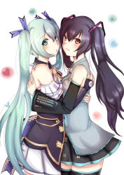 Rule 34 | 2girls, alternate costume, aqua eyes, aqua hair, artist request, black hair, cosplay, costume switch, crossover, detached sleeves, female focus, hatsune miku, hatsune miku (cosplay), heart, highres, hug, long hair, looking at viewer, multiple girls, neptune (series), noire (neptunia), noire (neptunia), noire (neptunia) (cosplay), red eyes, skirt, thighhighs, twintails, very long hair, vocaloid, vocaloid append, yuri, zettai ryouiki