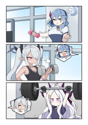 Rule 34 | 3girls, absurdres, ako (blue archive), blue archive, comic, dark skin, exercising, gym, highres, hina (blue archive), iori (blue archive), multiple girls, nagam, weightlifting