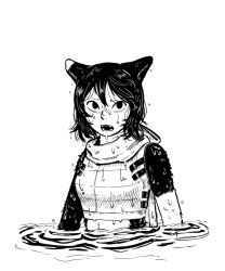 Rule 34 | 1girl, animal ears, armor, arms at sides, bare shoulders, cat ears, cat girl, crop top, dungeon meshi, fur, greyscale, h sinva, hair between eyes, highres, izutsumi, looking at viewer, monochrome, open mouth, partially submerged, sanpaku, scarf, short hair, simple background, sleeveless, solo, upper body, wet, wet clothes, wet hair, white background