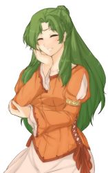 Rule 34 | 1girl, blush, brown eyes, collarbone, crown, dress, earrings, elincia ridell crimea, closed eyes, female focus, fire emblem, fire emblem: path of radiance, fire emblem: radiant dawn, fire emblem heroes, green hair, hair bun, hand on own cheek, hand on own elbow, hand on own face, head rest, jewelry, light blush, long hair, long sleeves, looking at viewer, nintendo, open mouth, parted lips, ribbon, single hair bun, sitting, smile, solo, transparent background, tridisart