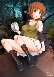 Rule 34 | 1girl, artist name, black footwear, black socks, blue jacket, boots, bottle, breasts, brown eyes, brown hair, commentary, girls und panzer, green shirt, highres, holding, holding bottle, jacket, long sleeves, looking to the side, medium breasts, megadeko, military, military uniform, military vehicle, miniskirt, motor vehicle, night, night sky, nishizumi miho, off shoulder, on vehicle, ooarai military uniform, open clothes, open jacket, open mouth, outdoors, panties, pantyshot, panzer iv, pleated skirt, shirt, short hair, signature, sitting, skirt, sky, socks, solo, star (sky), starry sky, sweat, tank, throat microphone, tree, twitter username, underwear, uniform, water bottle, wet, white panties, white skirt, zipper