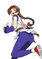 Rule 34 | 1girl, ass, belt, blue bodysuit, blue gloves, bodysuit, braid, braided ponytail, brown belt, brown eyes, brown hair, dougi, fingerless gloves, from behind, gloves, headband, hippopotamuso, long hair, looking back, martial arts belt, open mouth, red footwear, red headband, shoes, single braid, sneakers, snk, solo, spandex, sweat, the king of fighters, thumbs up, very long hair, yuri sakazaki
