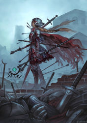Rule 34 | 1girl, after battle, armor, armored boots, arrow (projectile), arrow in body, blonde hair, blood, blood on clothes, boots, braid, breastplate, brick, building, cape, corpse, death, fantasy, fog, from side, helmet, holding, holding staff, holding sword, holding weapon, impaled, injury, looking up, monokubo, original, pauldrons, polearm, profile, red cape, shoulder armor, solo, spear, staff, standing, sword, torn cape, torn clothes, twin braids, twitter username, weapon, winged helmet
