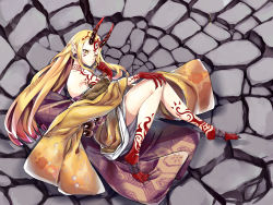 Rule 34 | absurdres, blonde hair, fate/grand order, fate (series), feet, highres, horns, ibaraki douji (fate), japanese clothes, kimono, legs, long hair, lying, monster girl, on ground, on side, oni, tattoo