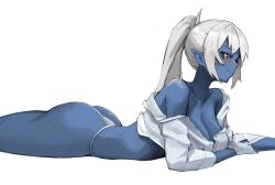 Rule 34 | 1girl, absurdres, atera (mr. darling), blue skin, blush, breasts, buttons, cleavage, collared shirt, colored skin, dress shirt, elf, from side, hair intakes, highres, large breasts, long hair, long sleeves, lying, mole, mole on breast, no bra, off shoulder, on stomach, orange hair, original, panties, pointy ears, ponytail, shirt, simple background, solo, tefi blum, thick eyebrows, thighs, thong, underwear, white background, white hair, white panties, white shirt, wing collar