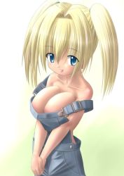 Rule 34 | 1girl, blonde hair, blue eyes, breasts, cleavage, huge breasts, looking at viewer, naked overalls, overalls, solo, standing, strap slip, tongue, tongue out, twintails