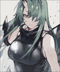 Rule 34 | 1girl, arknights, arm ribbon, arm scarf, bad id, bad twitter id, bare shoulders, closed mouth, commentary request, facial scar, green eyes, green hair, hair between eyes, hair over one eye, horns, hoshiguma (arknights), long hair, mikoccccchan, ribbon, scar, scar on cheek, scar on face, sidelocks, single horn, skin-covered horns, upper body