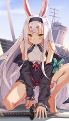 Rule 34 | 1girl, absurdres, animal ears, azur lane, bare shoulders, barefoot, basil (st 1), blurry, breasts, rabbit ears, closed mouth, collarbone, commentary request, depth of field, feet, hairband, highres, katana, long hair, long sleeves, looking at viewer, machinery, off shoulder, shimakaze (azur lane), small breasts, solo, sword, thighs, torpedo launcher, v-shaped eyebrows, very long hair, weapon, white hair, yellow eyes