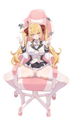 Rule 34 | 1girl, ?, @ @, absurdres, ahoge, blazer, blonde hair, bow, cameltoe, chair, double v, etoile, gaming chair, hair bow, hair ribbon, highres, jacket, long hair, looking at viewer, miniskirt, nijisanji, open mouth, panties, ribbon, school uniform, skirt, solo, spread legs, swivel chair, takamiya rion, twintails, underwear, v, virtual youtuber