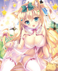 Rule 34 | 1girl, :3, absurdres, ahoge, animal, animal ears, babydoll, bare shoulders, bed sheet, blonde hair, blue eyes, blush, breasts, cat, cat tail, cleavage, covered erect nipples, curtains, detached collar, fang, hair ribbon, heart, highres, large breasts, long hair, looking at viewer, mikeou, navel, open mouth, panties, pillow, ribbon, see-through, see-through silhouette, solo, star (symbol), tail, tail ornament, tail ribbon, thighhighs, two side up, underwear, white panties, white thighhighs, window, wrist cuffs