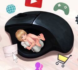 Rule 34 | 1girl, barefoot, bra strap, brown hair, commentary, controller, cursor, dress, envelope, feet up, full body, game controller, gears, globe, gradient background, hugging own legs, icon (computing), light brown hair, lying, mini person, minigirl, mouse (computer), narrowed eyes, on back, original, shadow, shopping cart, short hair, short sleeves, soles, solo, toes, wavy hair, white background, white dress, yajirushi (chanoma), youtube logo