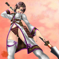 Rule 34 | 1girl, alternate costume, breasts, brown eyes, brown hair, from below, looking at viewer, polearm, seong mi-na, solo, soul calibur, soulcalibur, soulcalibur iv, standing, thighhighs, weapon, white thighhighs, xuexue yue hua