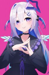 Rule 34 | 1girl, alternate costume, amane kanata, angel, angel wings, black collar, black dress, blush, collar, colored inner hair, dress, fragir, hair ornament, hairpin, halo, highres, hololive, long hair, looking at viewer, multicolored hair, own hands together, pink background, purple eyes, smile, solo, star halo, tongue, tongue out, two side up, virtual youtuber, wings
