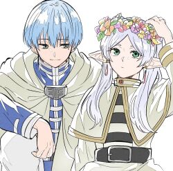 Rule 34 | 1boy, 1girl, belt, black belt, blue eyes, blue hair, blue shirt, capelet, cloak, closed mouth, earrings, elf, flower wreath, frieren, gold trim, green eyes, hand up, head wreath, high collar, himmel (sousou no frieren), jewelry, long hair, long sleeves, looking at another, looking up, mole, mole under eye, parted bangs, pointy ears, poteke, shirt, short hair, simple background, smile, sousou no frieren, striped clothes, striped shirt, twintails, upper body, white background, white capelet, white cloak, white hair