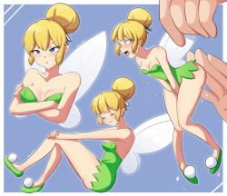 Rule 34 | 1girl, ass, bare arms, bare shoulders, between legs, blonde hair, blue background, blue eyes, blue ribbon, breasts, collarbone, commentary, crossed arms, dress, english commentary, fairy, fairy wings, green dress, green footwear, hair bun, hair ribbon, hand between legs, highres, medium breasts, mini person, minigirl, multiple views, open mouth, peter pan (disney), pointy ears, raion (raionart), ribbon, shoes, simple background, smile, spanking, strapless, strapless dress, tinker bell (disney), v arms, wings