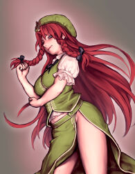 Rule 34 | 1girl, artist name, beret, braid, breasts, contrapposto, cowboy shot, envenomist (gengoroumaru), groin, hat, hat ornament, highres, hong meiling, large breasts, long hair, looking at viewer, puffy short sleeves, puffy sleeves, red hair, short sleeves, side slit, simple background, solo, star (symbol), star hat ornament, touhou, twin braids, twitter username, very long hair