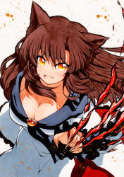 Rule 34 | 1girl, animal ears, bad id, bad pixiv id, breasts, brooch, brown hair, cleavage, collarbone, dress, fang, fingernails, from above, hair between eyes, imaizumi kagerou, jewelry, long hair, long sleeves, looking at viewer, looking up, multicolored eyes, open mouth, orange brooch, orange eyes, qqqrinkappp, sharp fingernails, skin fang, solo, touhou, traditional media, white background, white dress, wide sleeves, wolf ears, wolf girl