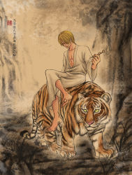 Rule 34 | 1boy, animal, barefoot, blonde hair, cat, hair over one eye, male focus, one piece, outdoors, smoking pipe, qunhyskoa, riding, robe, sanji (one piece), sitting, solo, tiger