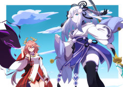 Rule 34 | 2girls, afrody, bare shoulders, blue eyes, clenched hand, colored skin, comic, crossed bangs, crossover, detached sleeves, duel monster, feet out of frame, genshin impact, grin, hair ornament, hakama, hand up, highres, holding, holding polearm, holding weapon, japanese clothes, long hair, long sleeves, multiple girls, nontraditional miko, one eye closed, outdoors, pink hair, polearm, purple eyes, red skirt, skirt, smile, thighhighs, turtleneck, weapon, white hair, white skin, wide sleeves, yae miko, yu-gi-oh!, yuki-onna the absolute zero mayakashi, yuki-onna the ice mayakashi, zettai ryouiki
