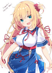 Rule 34 | 1girl, :d, absurdres, akai haato, akai haato (1st costume), belt, blonde hair, blue eyes, bracelet, breasts, english text, hair ornament, hair ribbon, heart, heart hair ornament, highres, hololive, jewelry, large breasts, long hair, looking at viewer, mousou (mousou temporary), nail polish, open mouth, ribbon, school uniform, short sleeves, simple background, smile, solo, virtual youtuber