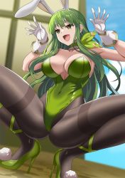 Rule 34 | 1girl, alternate costume, animal ears, ascot, black pantyhose, blurry, blurry background, breasts, fire emblem, fire emblem: mystery of the emblem, gloves, green ascot, green eyes, green footwear, green hair, green leotard, high heels, highres, large breasts, leotard, long hair, nintendo, palla (fire emblem), pantyhose, playboy bunny, pom pom (clothes), rabbit ears, sirano, smile, solo, spread legs, squatting, thighband pantyhose, white gloves, wrist cuffs