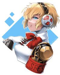 Rule 34 | 1girl, aegis (persona), armband, artist name, blonde hair, blue eyes, breasts, burnt green tea, gloves, highres, lips, looking at viewer, medium breasts, persona, persona 3, red armband, red ribbon, ribbon, robot girl, s.e.e.s, short hair, smile, solo, upper body, white gloves