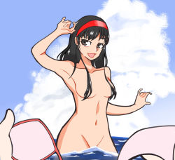 Rule 34 | 1girl, 1other, amagi yukiko, arm up, armpits, bikini, bikini bottom only, bikini top only, black hair, breasts, cloud, grey eyes, hair censor, hair over breasts, hairband, holding, holding bikini bottom, holding bikini top, long hair, looking at viewer, medium breasts, navel, nude, ocean, open mouth, outdoors, persona, persona 4, pov, sky, smile, solo focus, standing, swimsuit, undercoverskeleton, water, water censor