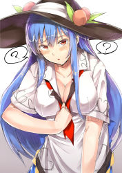 Rule 34 | 1girl, ?, blue hair, blush, breasts, cleavage, food, fruit, hat, hinanawi tenshi, large breasts, long hair, looking at viewer, neropaso, peach, red eyes, sketch, solo, spoken question mark, tears, touhou