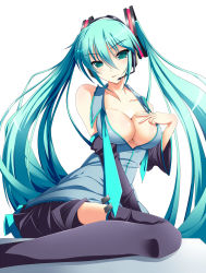 Rule 34 | 1girl, aqua hair, breasts, cleavage, hatsune miku, highres, long hair, rankiryuu, simple background, solo, thighhighs, twintails, vocaloid, white background