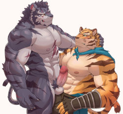Rule 34 | 2boys, :q, abs, absurdres, animal ears, bara, blue cape, blush, cape, completely nude, erection, forked eyebrows, furry, furry male, furry with furry, grey fur, highres, large pectorals, male focus, male pubic hair, mature male, multiple boys, muscular, muscular male, navel, navel hair, nipples, nude, orange fur, pang (sdorica), pectorals, penis, precum, pubic hair, scar, scar on chest, sdorica, topless male, short hair, smile, stomach, tail, thick eyebrows, thick thighs, thighs, tiger boy, tiger ears, tiger tail, tongue, tongue out, uiokv, uncensored, yao (sdorica), yaoi