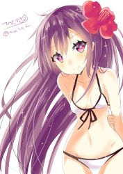 Rule 34 | 1girl, alternate costume, bikini, blush, breasts, closed mouth, front-tie bikini top, front-tie top, hair between eyes, highres, hizaka, kantai collection, kisaragi (kancolle), long hair, looking at viewer, one-hour drawing challenge, purple eyes, purple hair, simple background, small breasts, smile, solo, swimsuit, twitter username, very long hair, white background, white bikini