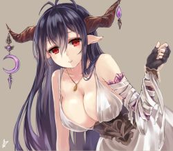 Rule 34 | 10s, 1girl, antenna hair, black gloves, black hair, breasts, brown background, cleavage, danua, draph, fingerless gloves, fujikitsune, gloves, granblue fantasy, horns, large breasts, long hair, pointy ears, red eyes, simple background, solo