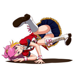 Rule 34 | 1girl, arm support, black skirt, boots, breakdance, commentary request, cross-laced footwear, crotch seam, frilled skirt, frills, hair ornament, idolmaster, idolmaster million live!, idolmaster million live! theater days, jacket, knee boots, lace-up boots, lielos, looking at viewer, lying, maihama ayumu, medium hair, miniskirt, multicolored hair, on side, open mouth, panties, pink eyes, pink hair, red jacket, shadow, shiny trinity (idolmaster), short sleeves, simple background, skirt, smile, solo, streaked hair, underwear, upskirt, white background, white footwear, white panties, wrist cuffs