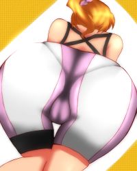 Rule 34 | 10s, 1girl, artist request, ass, ass focus, bare shoulders, bike shorts, cameltoe, crotch, foreshortening, from behind, from below, gundam, gundam build fighters, gundam build fighters try, hair ornament, hoshino fumina, huge ass, long hair, orange hair, pantylines, perspective, ponytail, scrunchie, shiny clothes, shiny skin, skindentation, solo, thigh strap